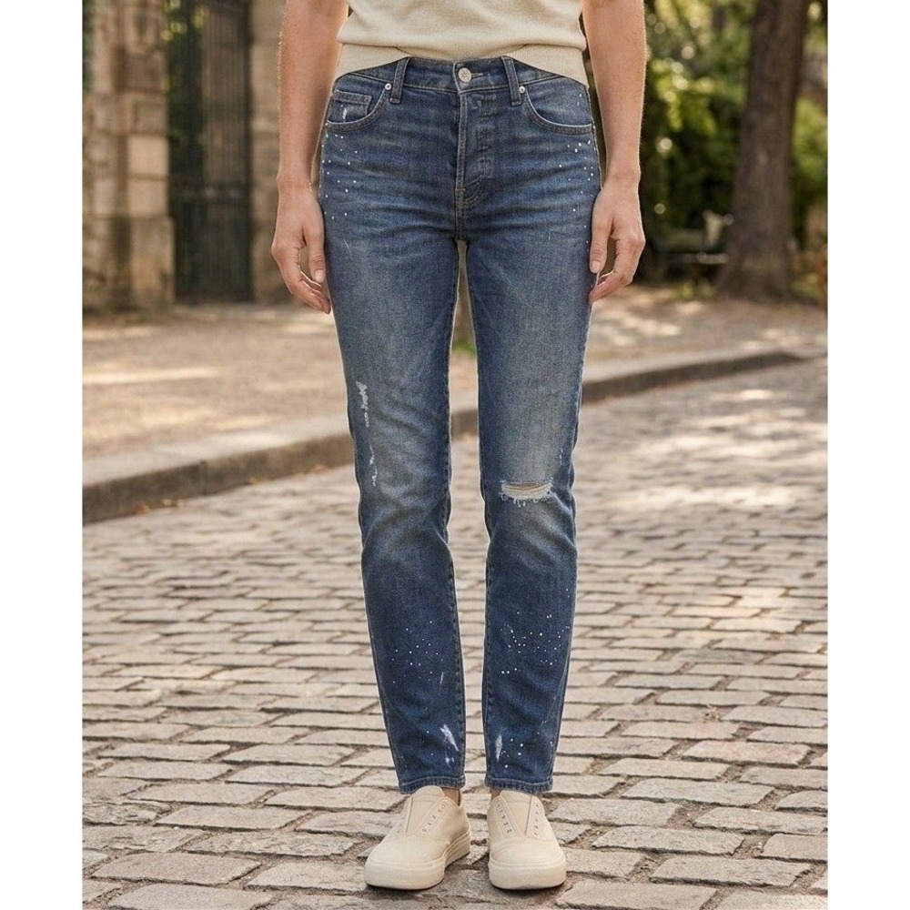 Mother Denim Cheeky High Rise Straight Jean 28" Blue Paint Splatter Distressed
